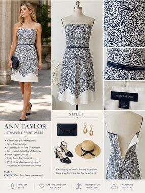 Ann Taylor Strapless Dress Black White Paisley Print Size 4 Summer Midi